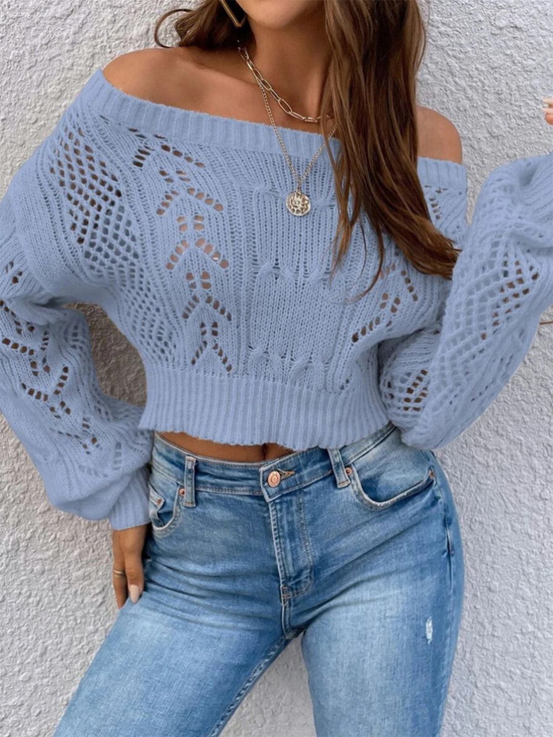 Openwork Off-Shoulder Long Sleeve Sweater