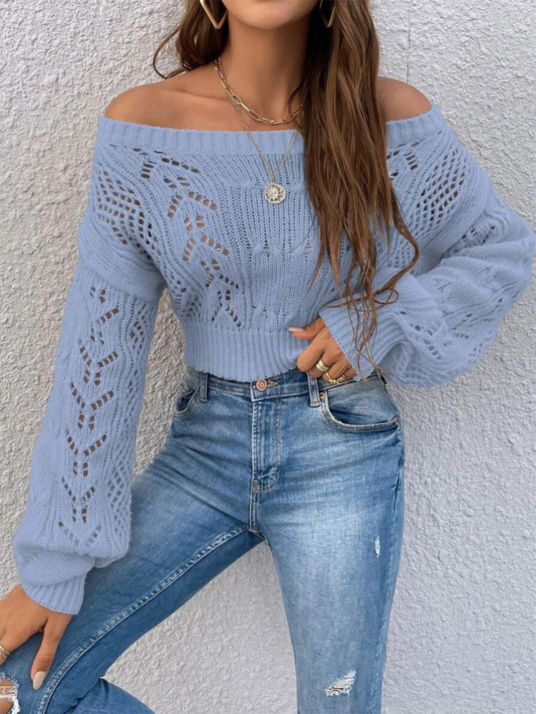 Openwork Off-Shoulder Long Sleeve Sweater